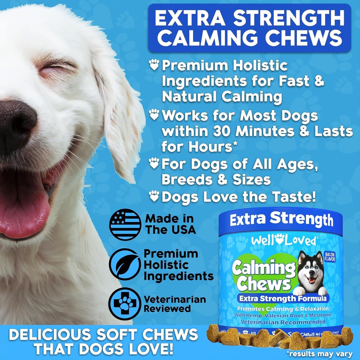 Calming Chews for Dogs - Dog Calm Treats, Made in USA, Vet Recommended, Behavior Support with Melatonin & Hemp, Stress, Separation, Fireworks, Travel, Extra Strength
