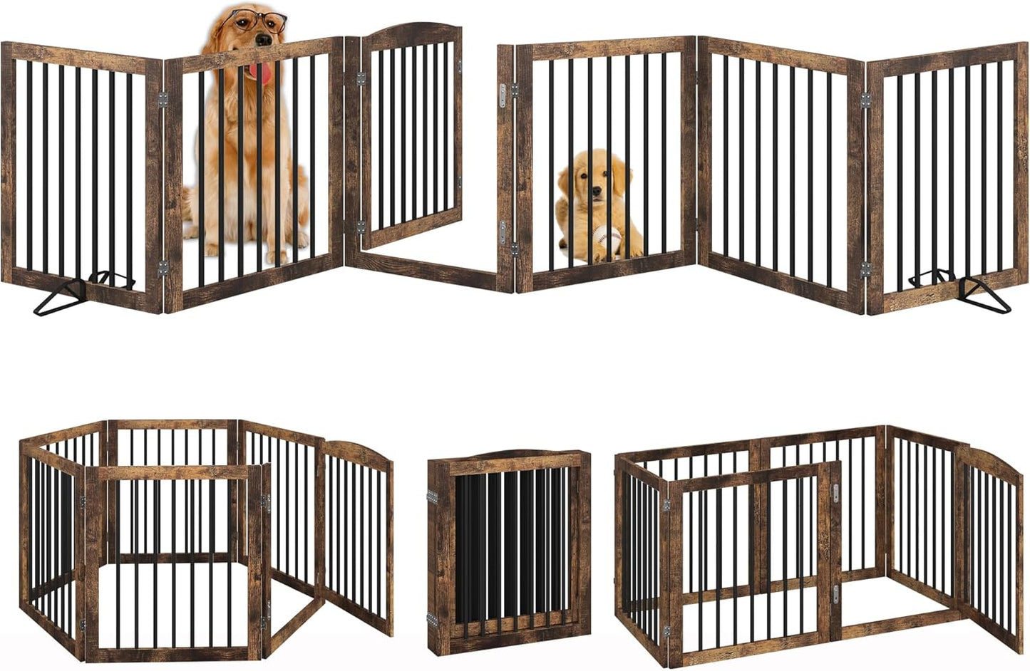 Vantas Folding Pet Gate 144" Wide, 30" Tall No-Assembly Wooden Dog Gate with Door Walk Through, Freestanding Pet Gate, Puppy Safety Fence, with 2PCS Support - Rustic Brown