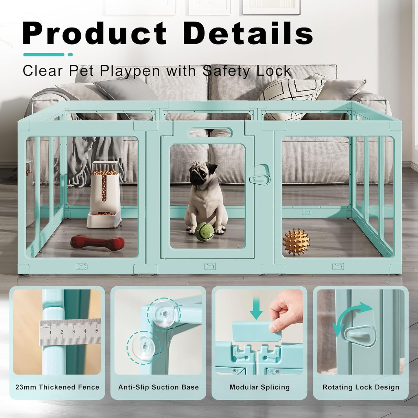 Clear Acrylic Dog Playpen Indoor, Puppy Cat Small Pet Play Pen, Pet Cat Foldable Playpen for Rabbits, Dog Fence Crate Kennel Whelping Cage (Green, 12 Panel)