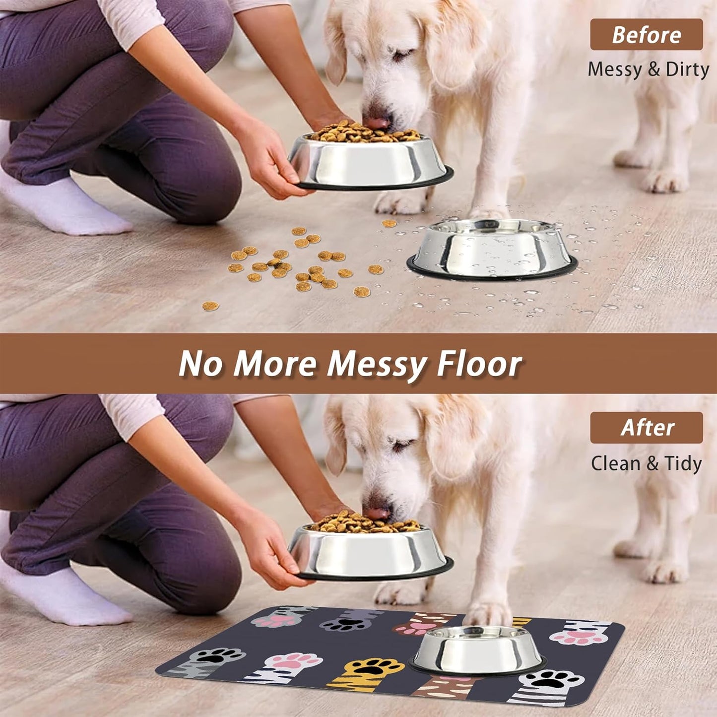 Cute Cat Paw Print Dog Food Mat for Floors,Absorbent Pet Food and Water Bowl Mats,Non-Slip Pet Feeding Mat,Pet Supplies 12" x 20"