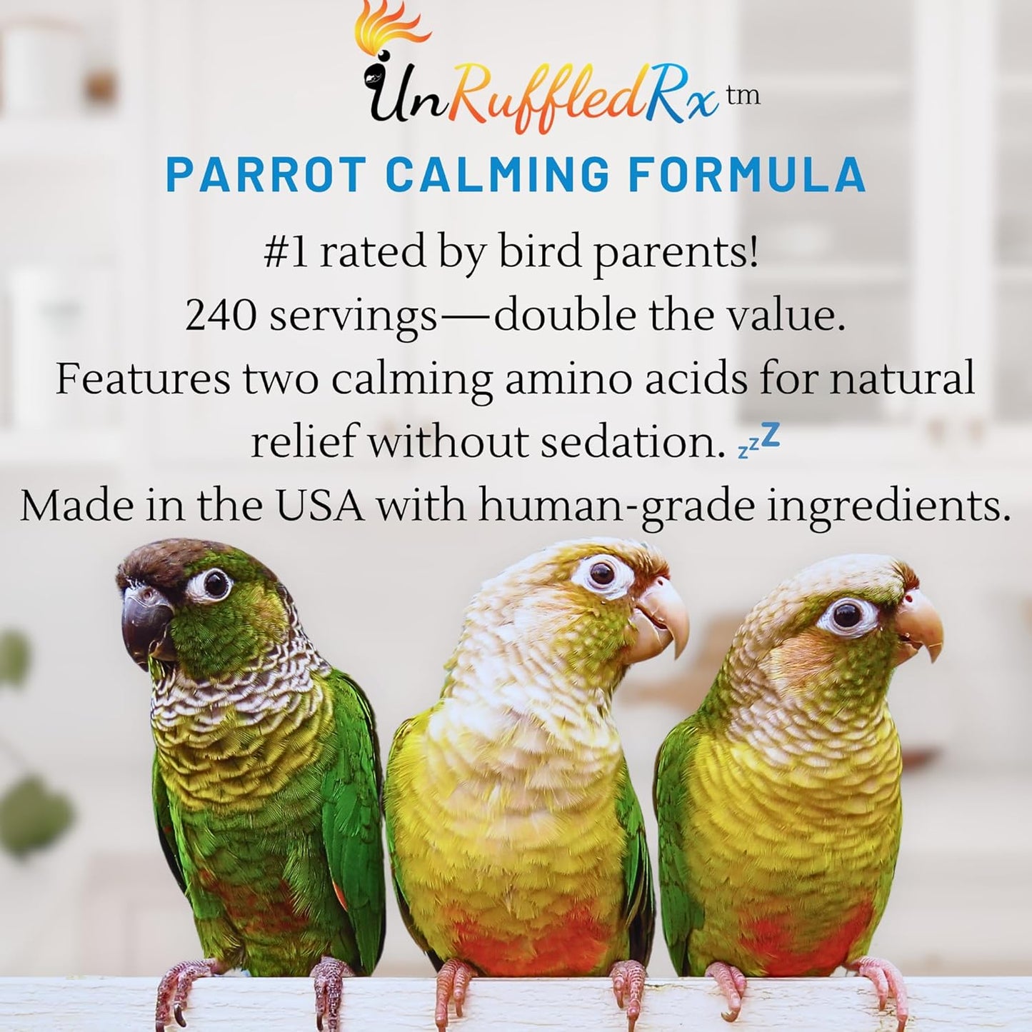 UnRuffledRx™ Calming Formula for Parrots – Helps Birds Stay Chill During Fireworks, Visitors & Travel – Soothes Screaming, Biting, Plucking – 224 Servings