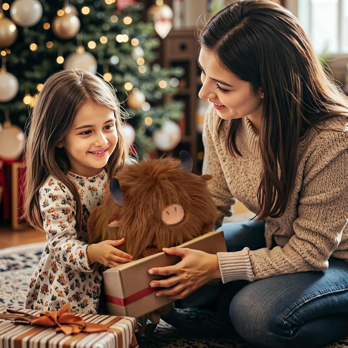 Cute Highland Cow Plush Pillow, Highland Cow Stuffed Animals Toy, Fluffy Cattle Plushie Doll, Soft Cuddle Pillow, Brown Plushies Gifts for Girls & Kids(8 Inch)