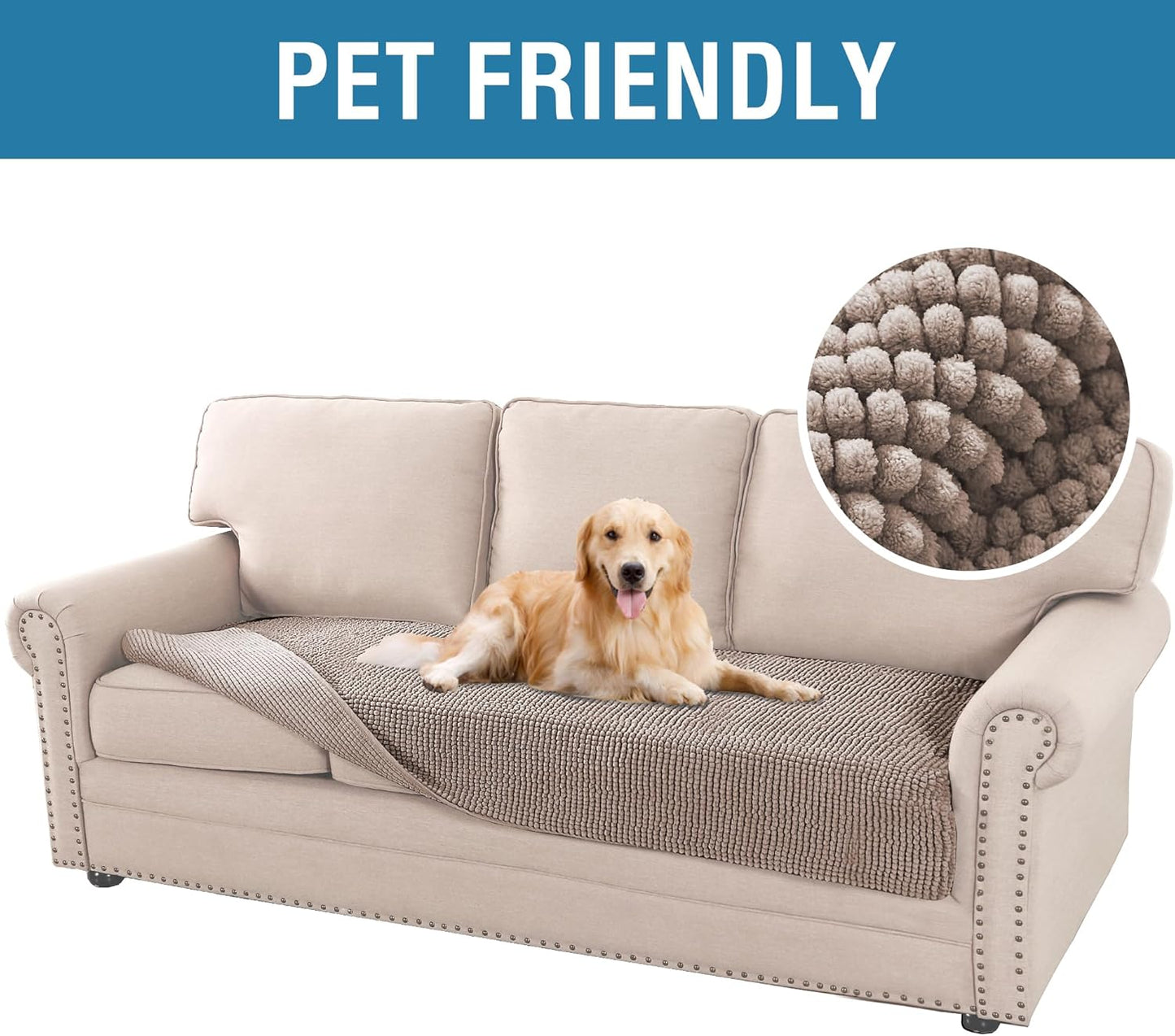 H.VERSAILTEX Plush Chenille Dog Bed Cover Thick Soft Sofa Cover for 3 Cushion Couch Anti Slip Couch Cover Furniture Protector for Dog, Pet, Cat (35" x 74", Cuban Sand)