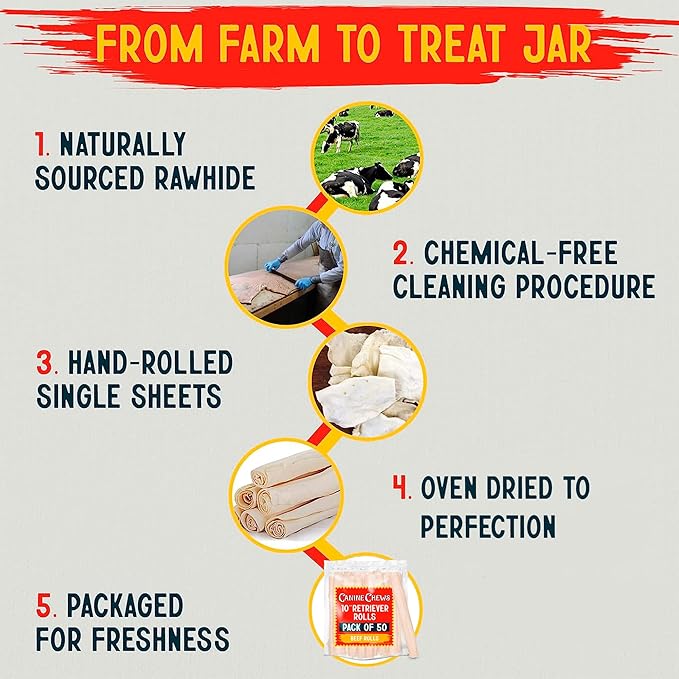 Canine Chews 10" Dog Rawhide Retriever Rolls - Rawhide Bones for Large Dogs (50 pk) - Natural Beef Dog Rawhide Chews - Single Ingredient Dog Rawhide Bones - Large Rawhide Bones for Dogs Dental Chew