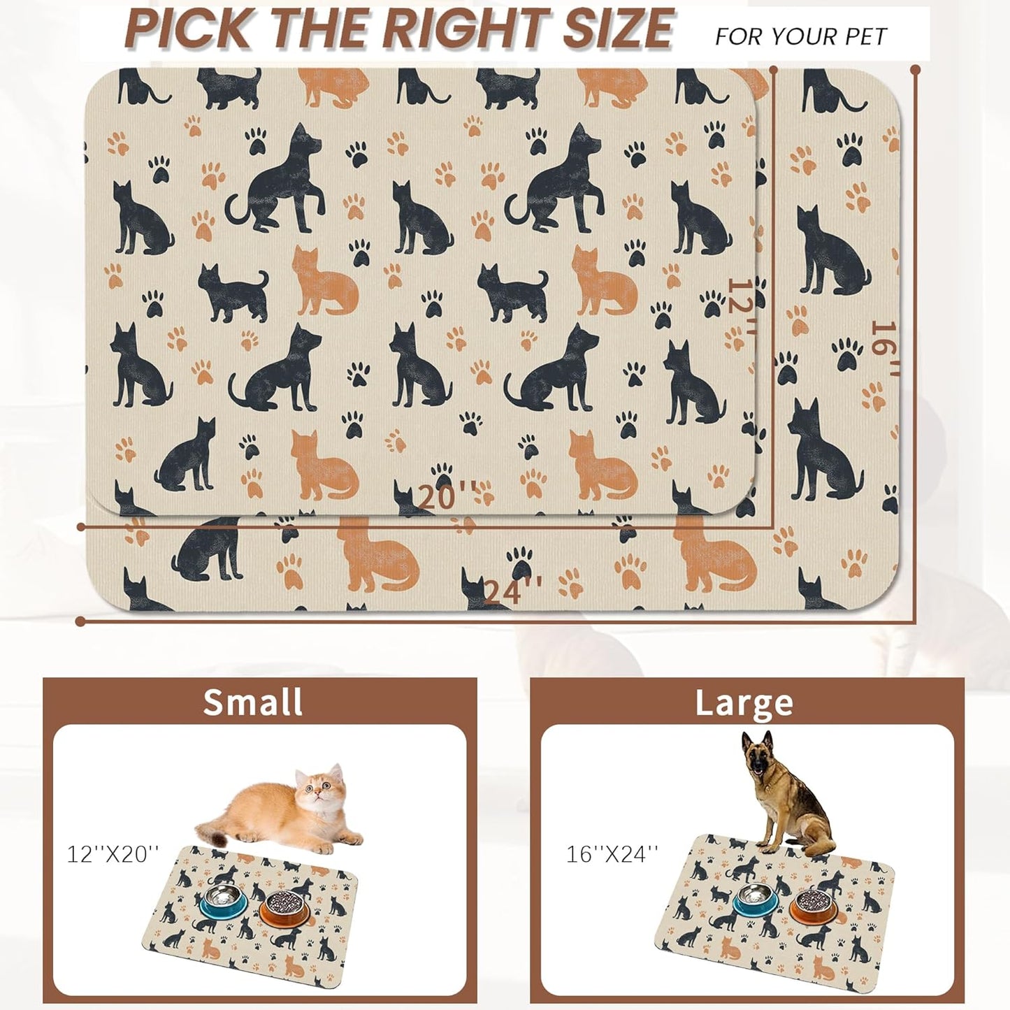 Cute Cat Paw Prints Dog Food Mat for Floors,Vintage Boho Absorbent Pet Food and Water Bowl Mats,Non-Slip Pet Feeding Mat,Pet Supplies 16" x 24"