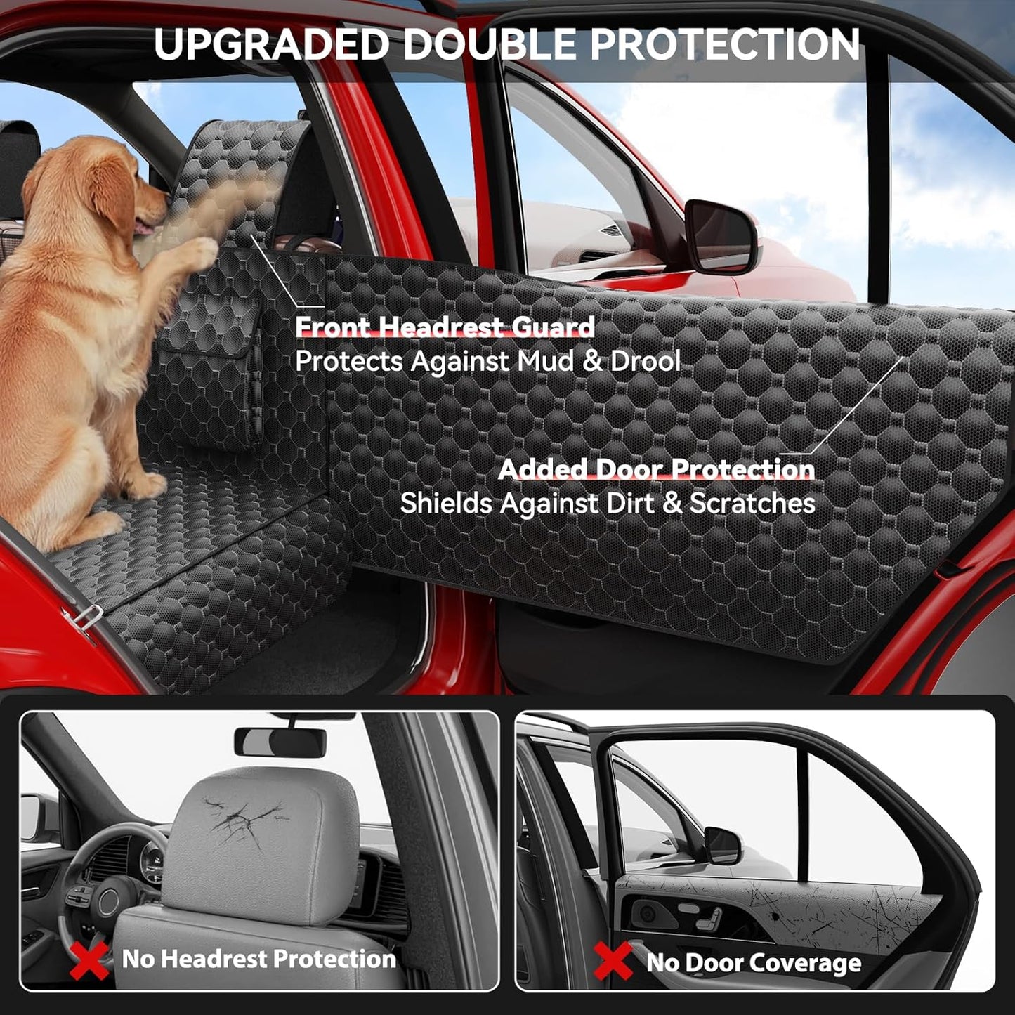 Dog Car Seat Cover for Back Seat, Waterproof Back Seat Extender for Dogs with Door & Headrest Protector, Hard Bottom Hammock Holds 420lbs, Non-Slip Pet Travel Bed for Cars SUVs Small Trucks