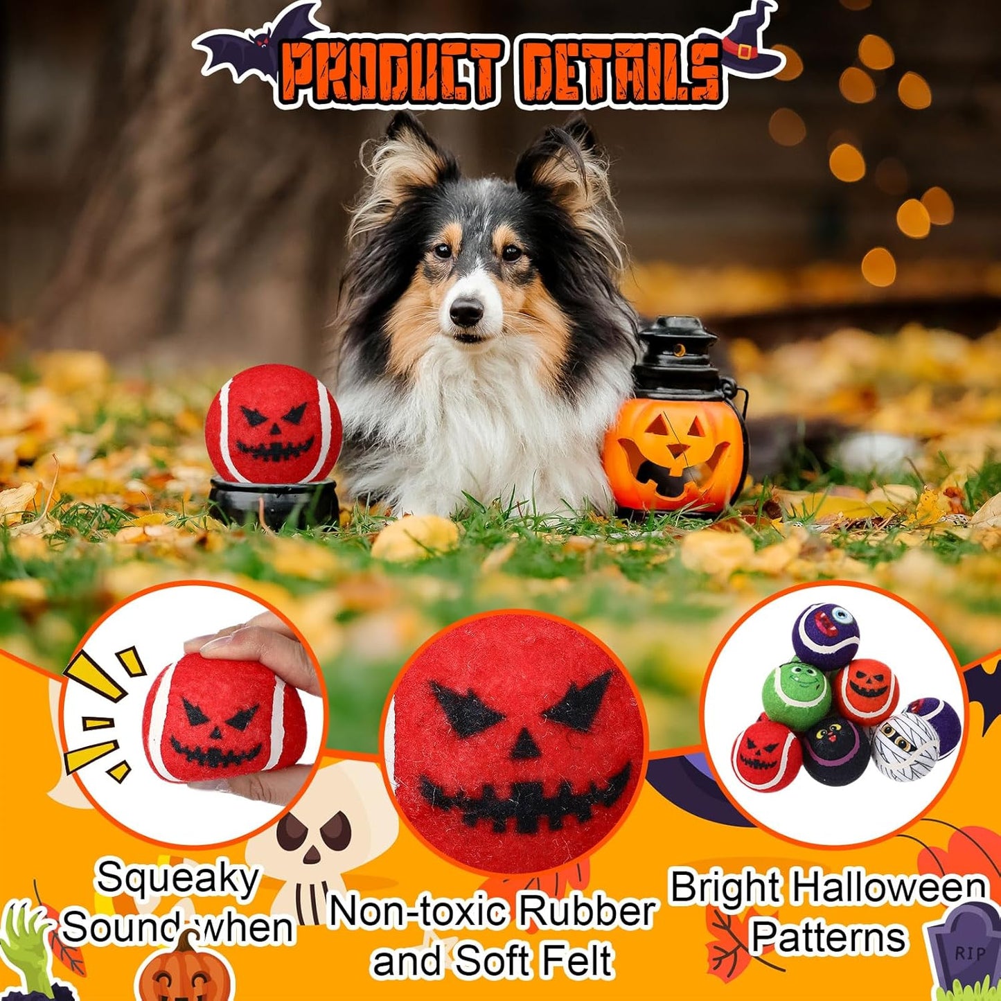 Civaner 18 Pcs Halloween Dog Toys Bulk, 2.5 Inch Squeaky Tennis Balls for Small Medium Large Dogs Pets Puppy Chew Teething Toy Interactive Training Gifts Xmas Stocking Stuffers