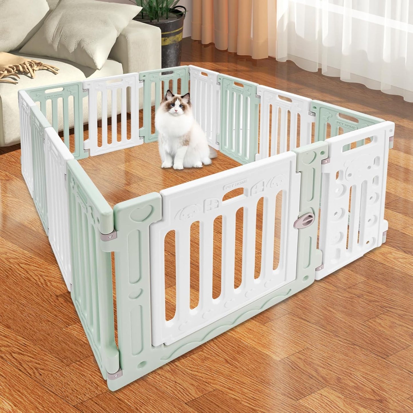 Dog Playpen with Door, 12 Panels Pet Safety Fence Foldable Puppy Pen Indoor Dog Fence, Plastics Enclosure Dog Pen Indoor for Small Dogs and Cats, Easy Assemble (Green)