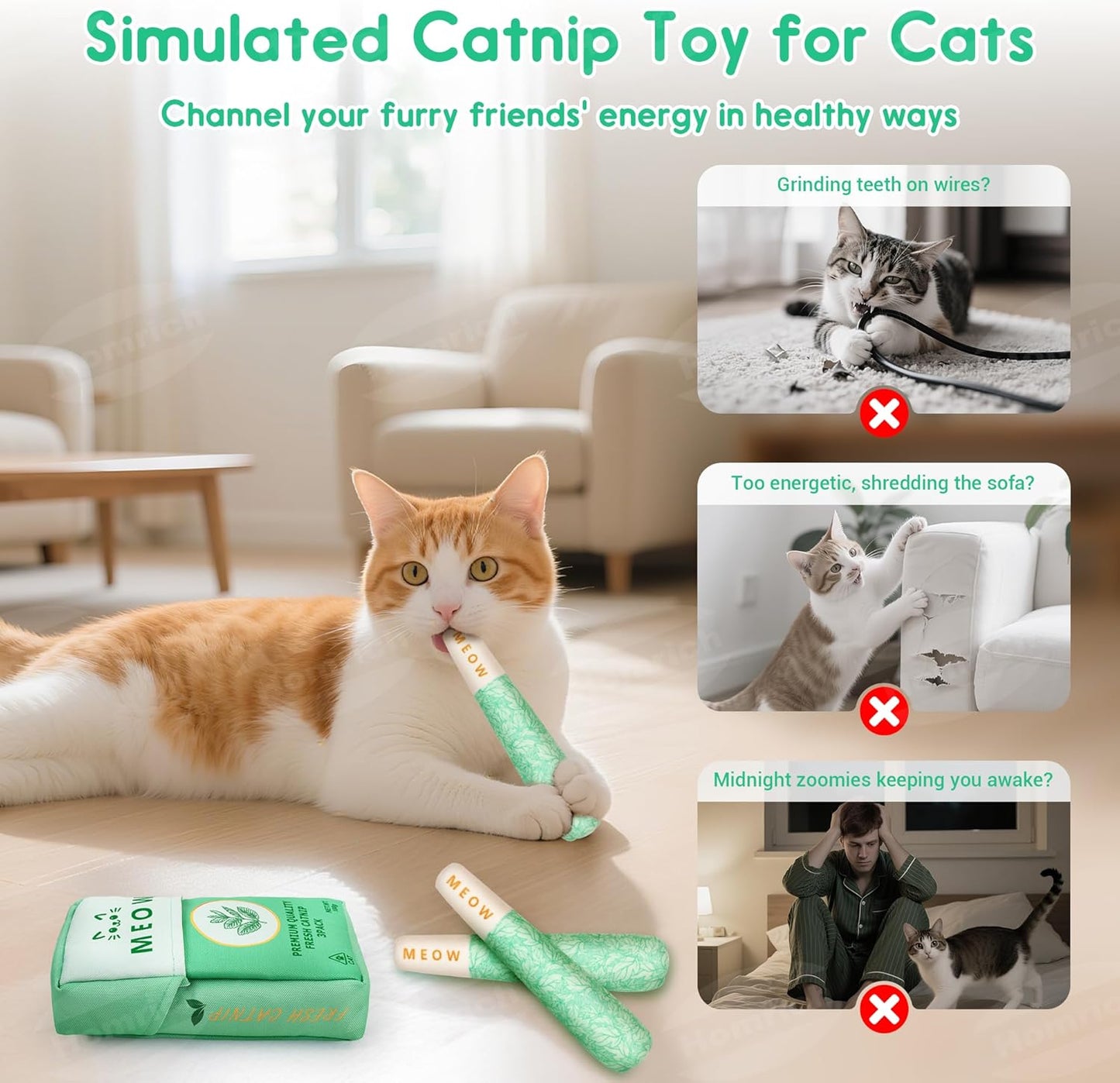 Homrich Catnip Toys for Cats, 3-Pack Funny Cat Toys Filled with 100% Pure Organic Catnip, Safe Kitten Teething Chew & Kicker Toys - Interactive Cat Toys for Bored Indoor Adult Cats