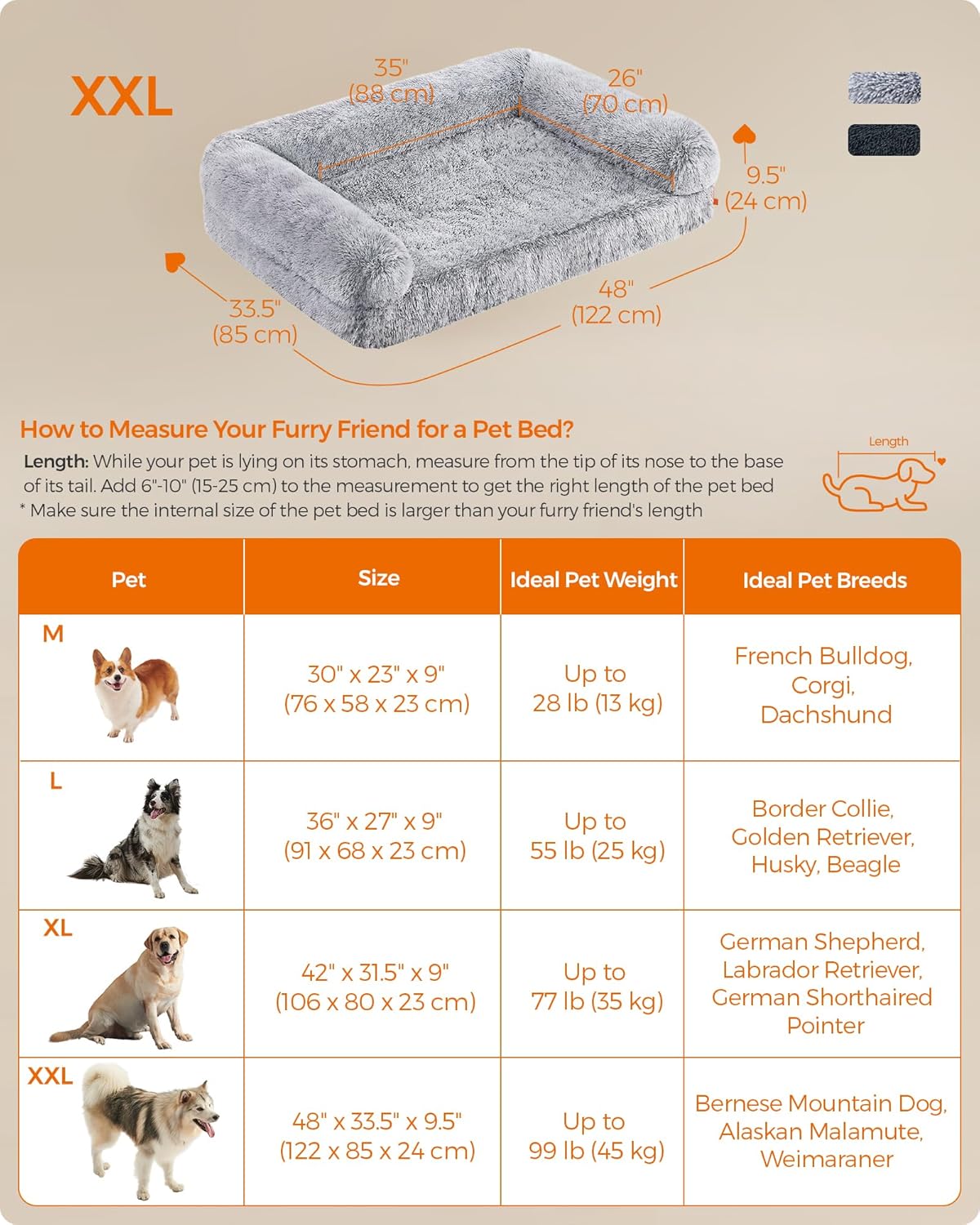 Feandrea Dog Bed, Orthopaedic Dog Sofa Bed for Large Dogs, Waterproof Ped Bed with Removable Washable Cover, 48 x 33.5 x 9.5 Inches, Gray Ombré UPGW234G01