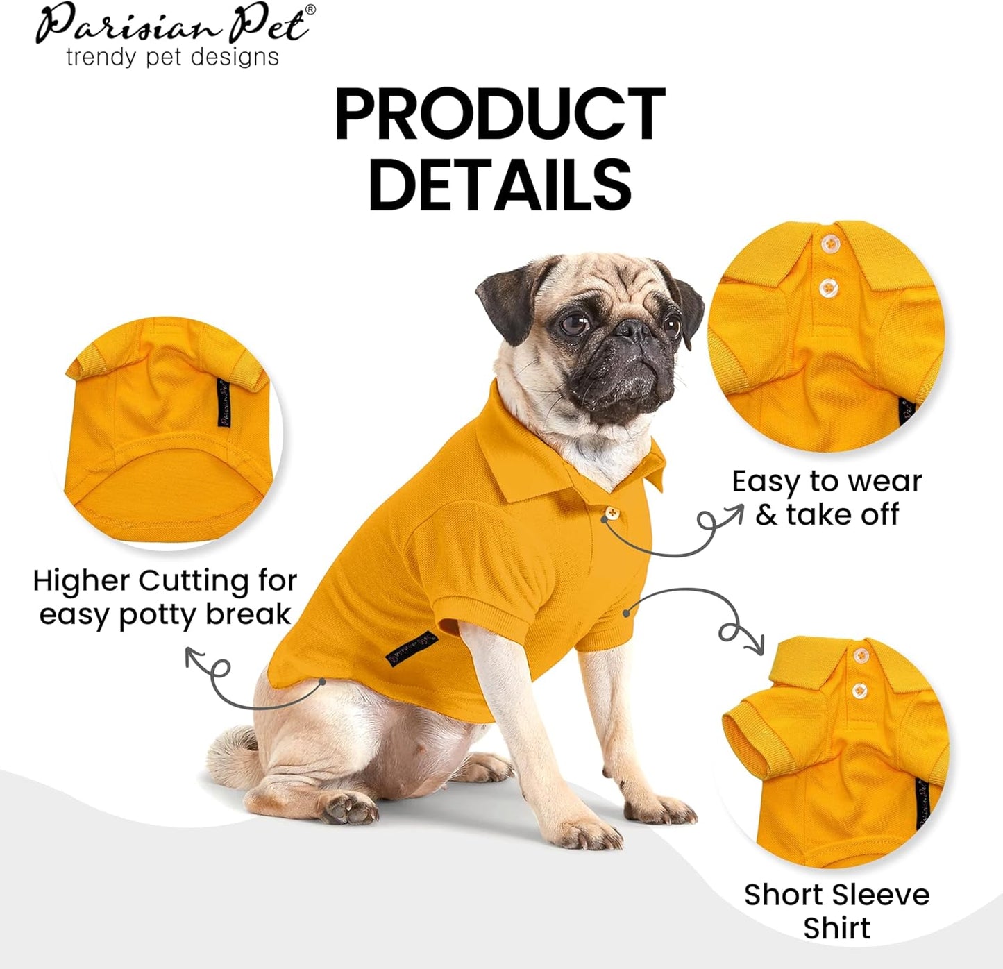 Parisian Pet Dog Polo Shirts - Breathable Cotton Shirt - Solid Yellow, Summer Pullover - Button Up Collar Polo for Large Dogs 3XL