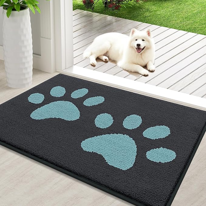 Buganda Dog Door Mat for Muddy Paws, Absorbent Dirt Trapper Washable Indoor Doormats, Non Slip Low-Profile Mud Mat for Dogs, Front Entrance Doormat for Inside Floor (36x24 Inches, Dark Grey and Blue)