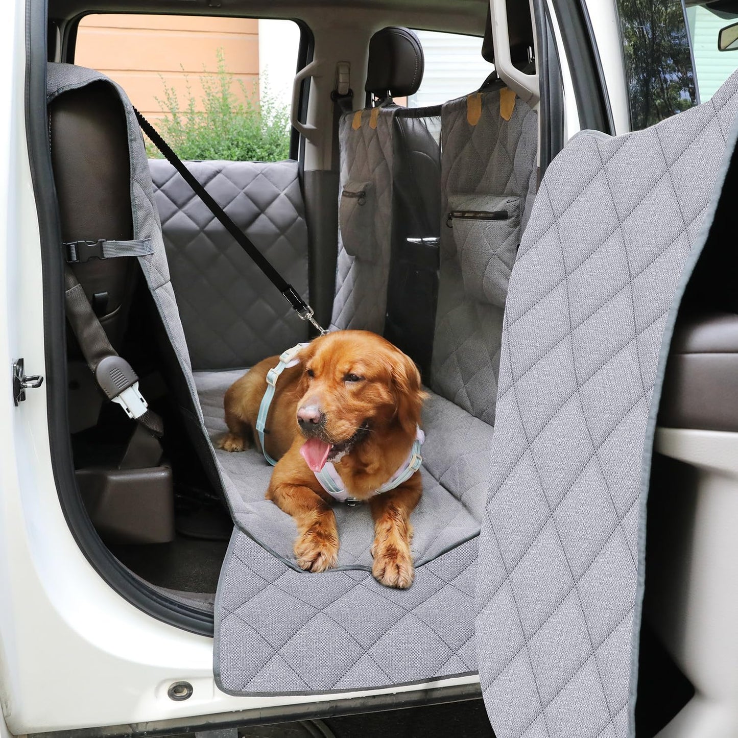 Large Back Seat Extender for Dogs, Paw-Proof & Waterproof Pet Seat Cover with Door Protection for Full-Size Crewcab Trucks, Dog Hammock Reinforced with Glass-Fiber Rods