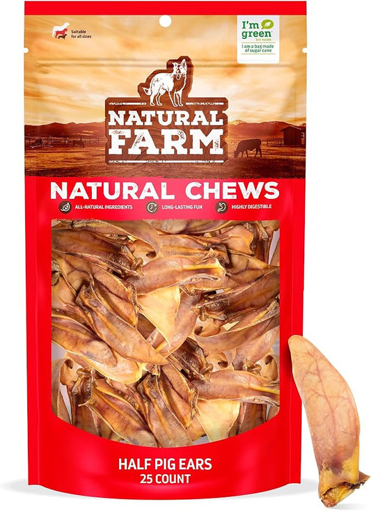Natural Farm Half Pig Ears for Dogs (25-Pack), One Ingredient: Natural Pigs Ears, Air Dried, Long-Lasting & Highly Digestible Treats, Great for Puppy and Large/Medium Dogs