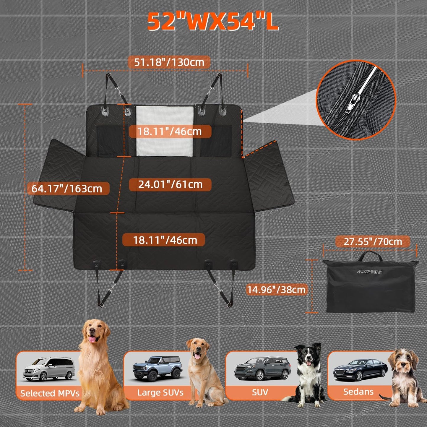 MIROZO Dog Seat Cover,Back Seat Extender for Dogs,600D Heavy Durable Dog Seat Cover,Waterproof Car Pet Backseat Protector,Large Space Travel Bed with 3-Fold Bottom for Car Mid-Size SUV/Small Truck