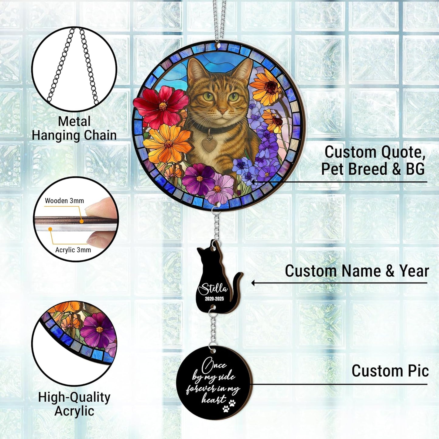 Personalized Stained Glass Sleeping Cat Suncatcher |Cat Loss Sympathy Gift | Customized Pet Memorial Suncatcher with Charms | Custom Pet Memorial Gifts| Best Gifts for Your Beloved Cats Passed Away
