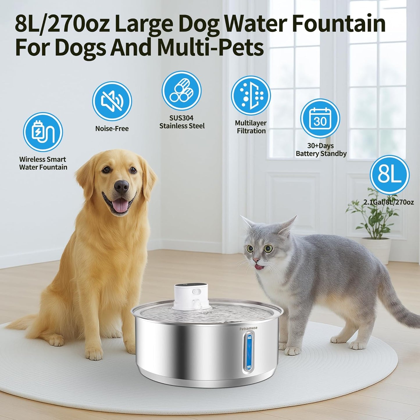 Stainless Steel Large Dog Water Fountain, 2.1Gal/8L Wireless Battery Operated Large Dog Water Bowl Dispenser Motion Sensor Water Fountain Bowl Inside with 13 Filters and 2 Ultra Quiet Pumps