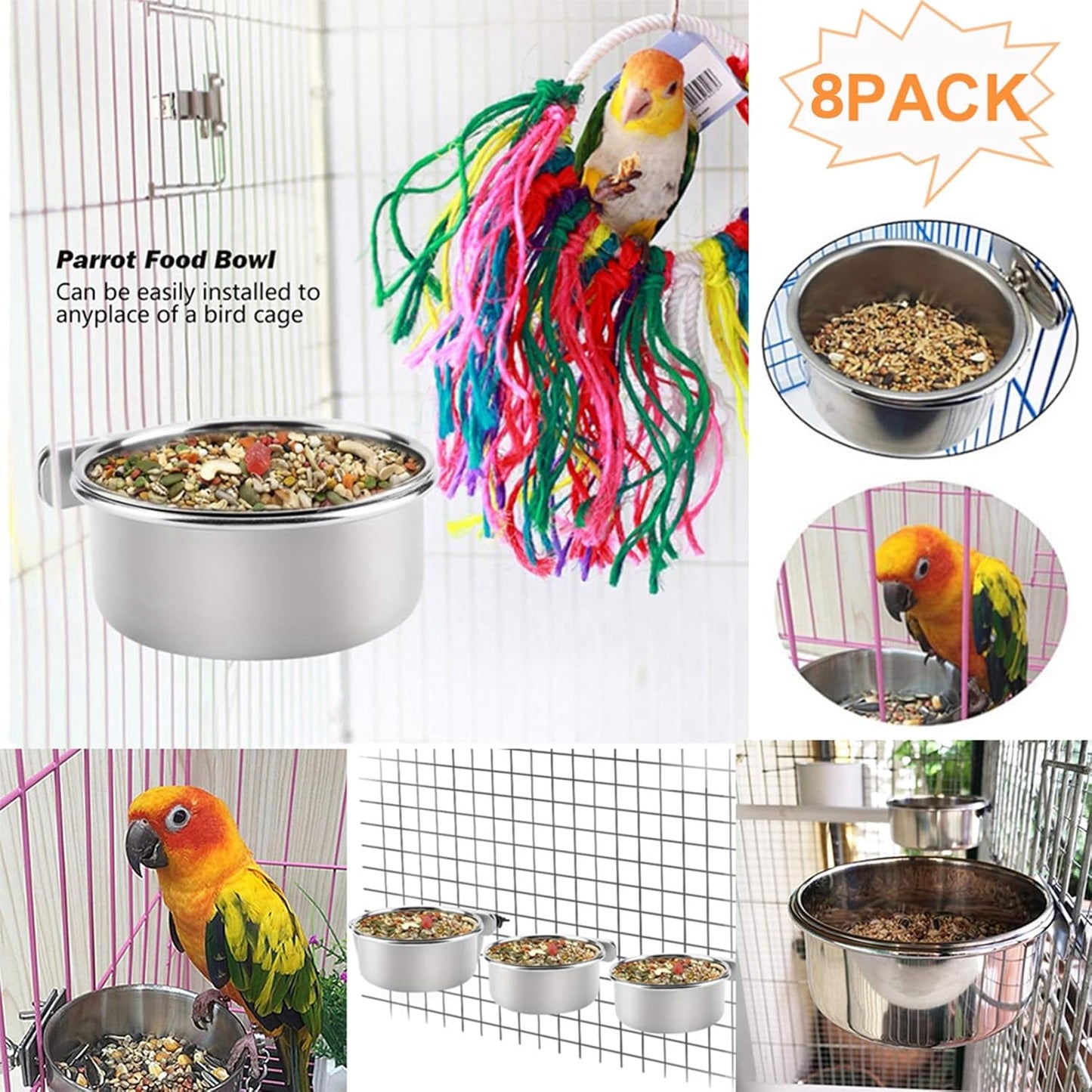 kathson 8 Pack Bird Feeding Dish Cups, Stainless Steel Parrot Feeders Water Cage Bowls with Clamp Holder Bird Feeders for Parakeet Cockatiels Conure Budgies Lovebird Finch and Small Animals