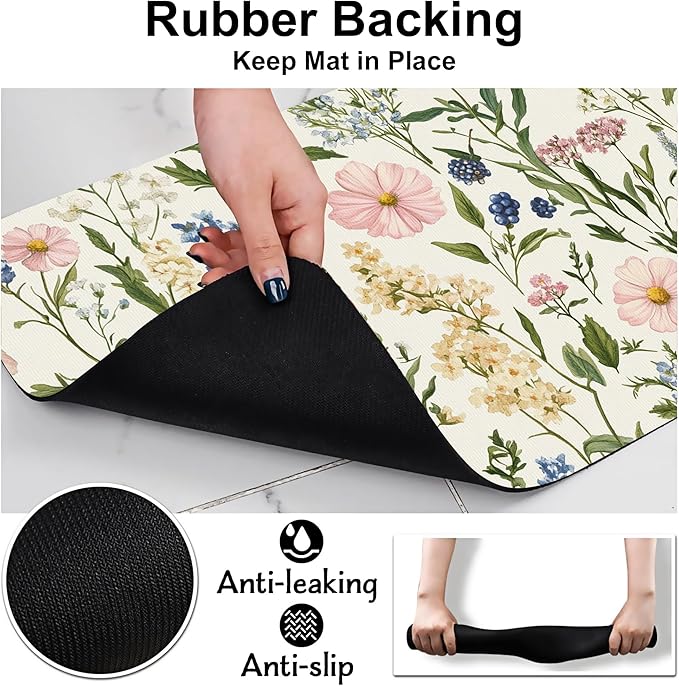 Vintage Herbs Flowers Pet Cat Dog Food Mat-Absorbent Quick Dry Feeding Placemat for Water and Food, No Stains Rubber Base Mat for Indoor Use, Pet Accessories 12"x20"