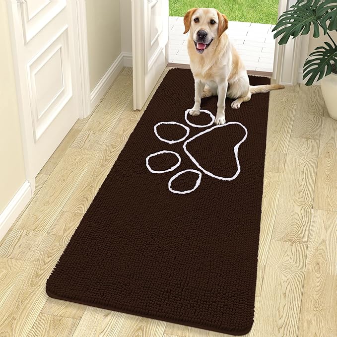 OLANLY Door Mat for Muddy Dog Paws 70x24, Ultra Absorbent Chenille Mud Doormat with Paw Print Design, Non-Slip Washable Doormat for Indoor Entryway, Quick-Dry Pet Bed Mats for Dirty Dogs, Brown