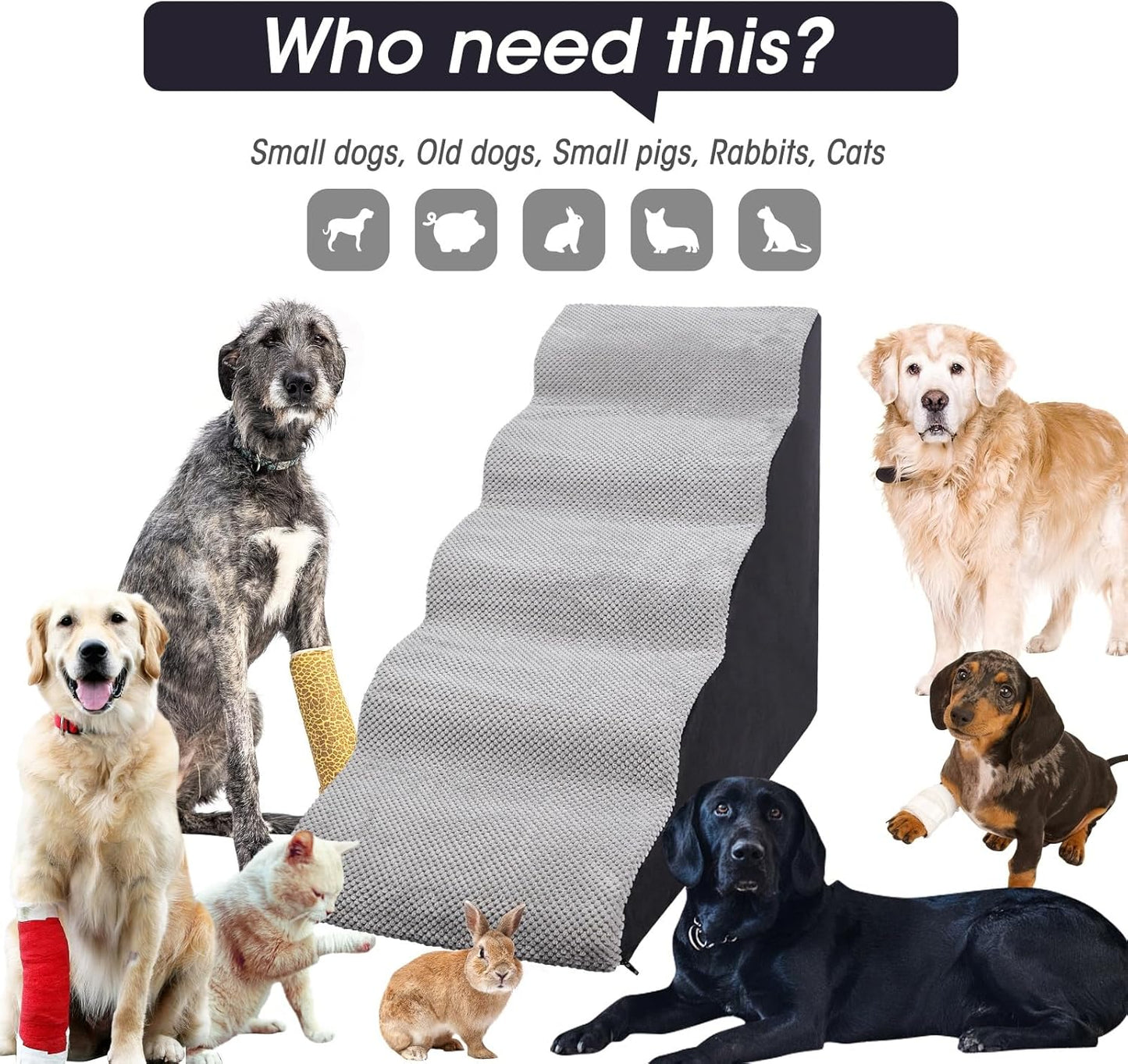 Dog Stairs&Steps for High Beds Up to 28'', 5-Step Dog Ramp for Small Medium Dogs with Washable Cover, Pet Steps for Cats to Get on Couch and Sofa, Durable Foam Ladders, 24.4" Tall, Grey