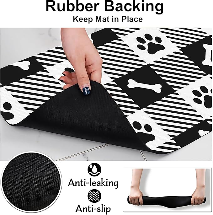 Paw Bone Plaid Pet Cat Dog Food Mat-Absorbent Quick Dry Feeding Placemat for Water and Food, No Stains Rubber Base Mat for Indoor Use, Pet Accessories 16"x24"
