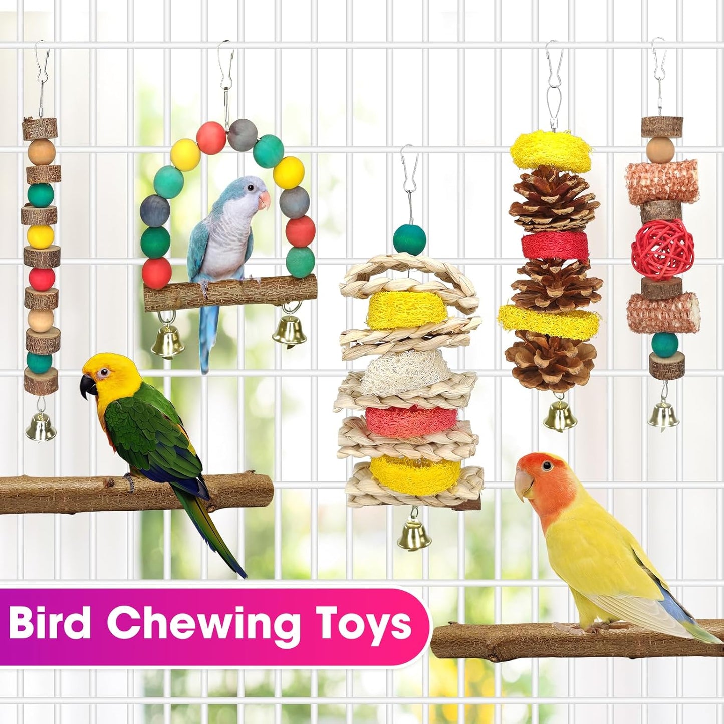 Natural Wood Bird Chew Toys, 7 Pack Hanging Parrot Cage Perch Stand for Parakeet, Cockatiel, Lovebird, Budgie