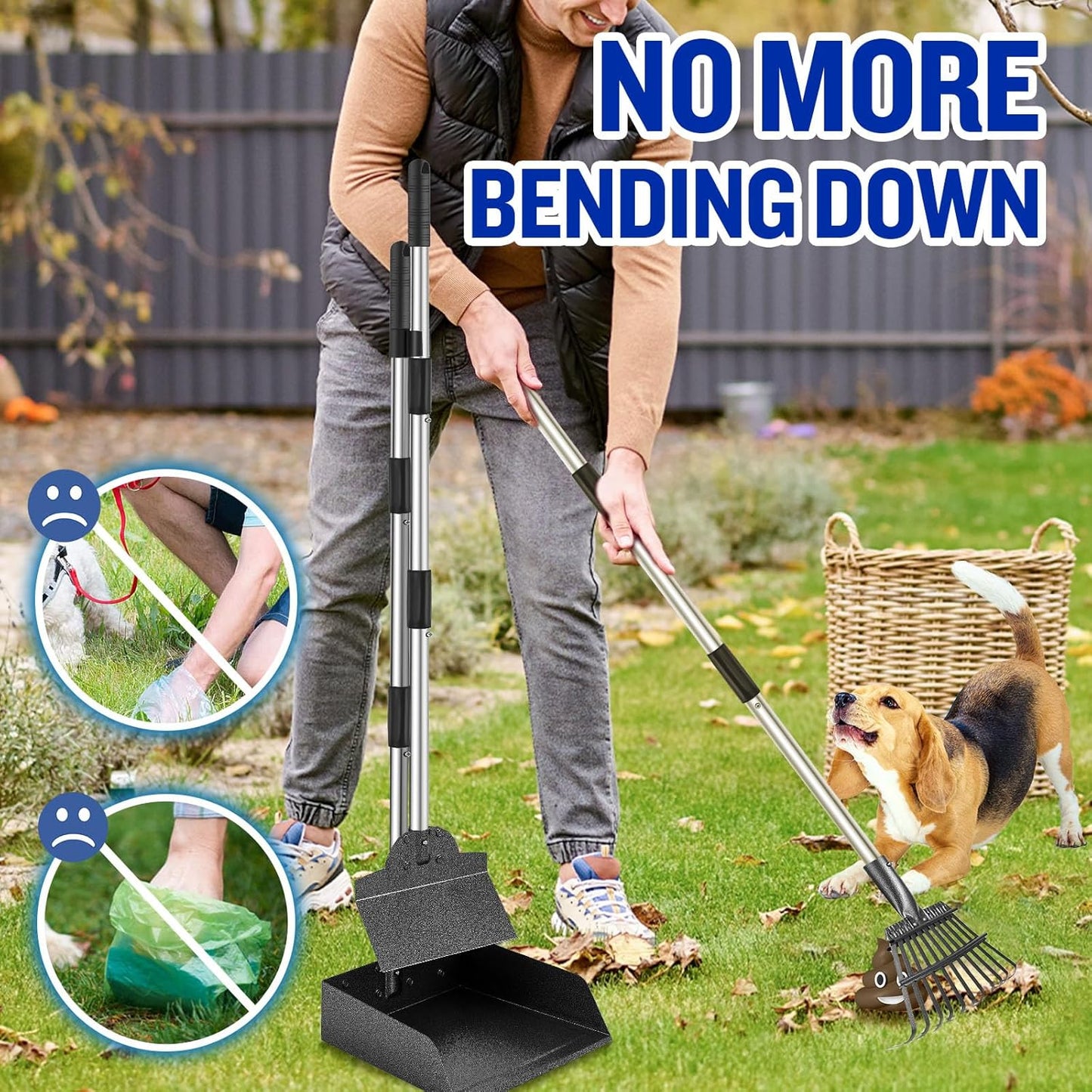 Dog Pooper Scooper for Large Dogs, 3 Pack Adjustable Long Handle Metal Tray, Rake and Spade Poop Scoop with Bin for Pet Waste Removal, No Bending Clean Up for Medium and Large Dogs