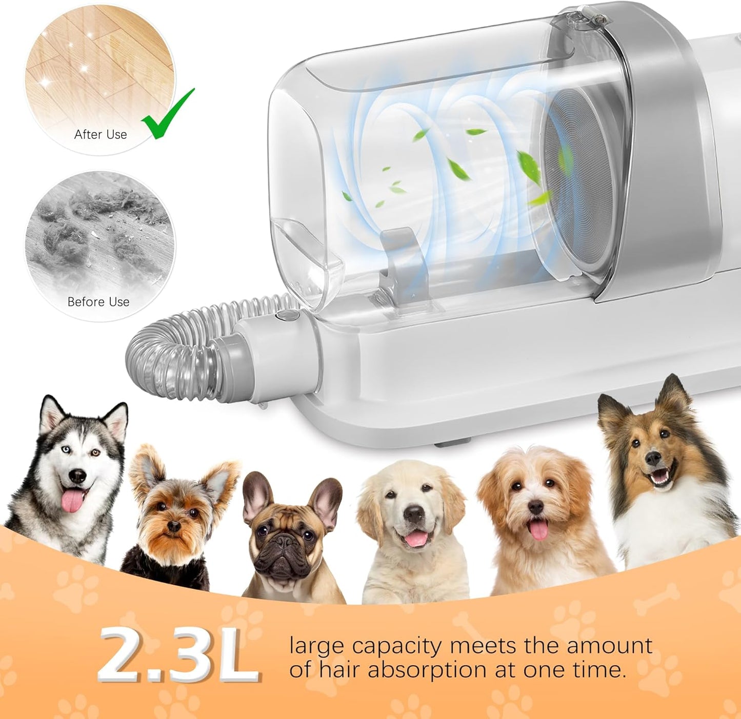 Dog Grooming Vacuum, Pet Grooming Vacuum Kit 2.3L Suction 99% Pet Hair with 5 Tools for Dog Cat for Shedding Grooming, Low Noise (Grey & White)