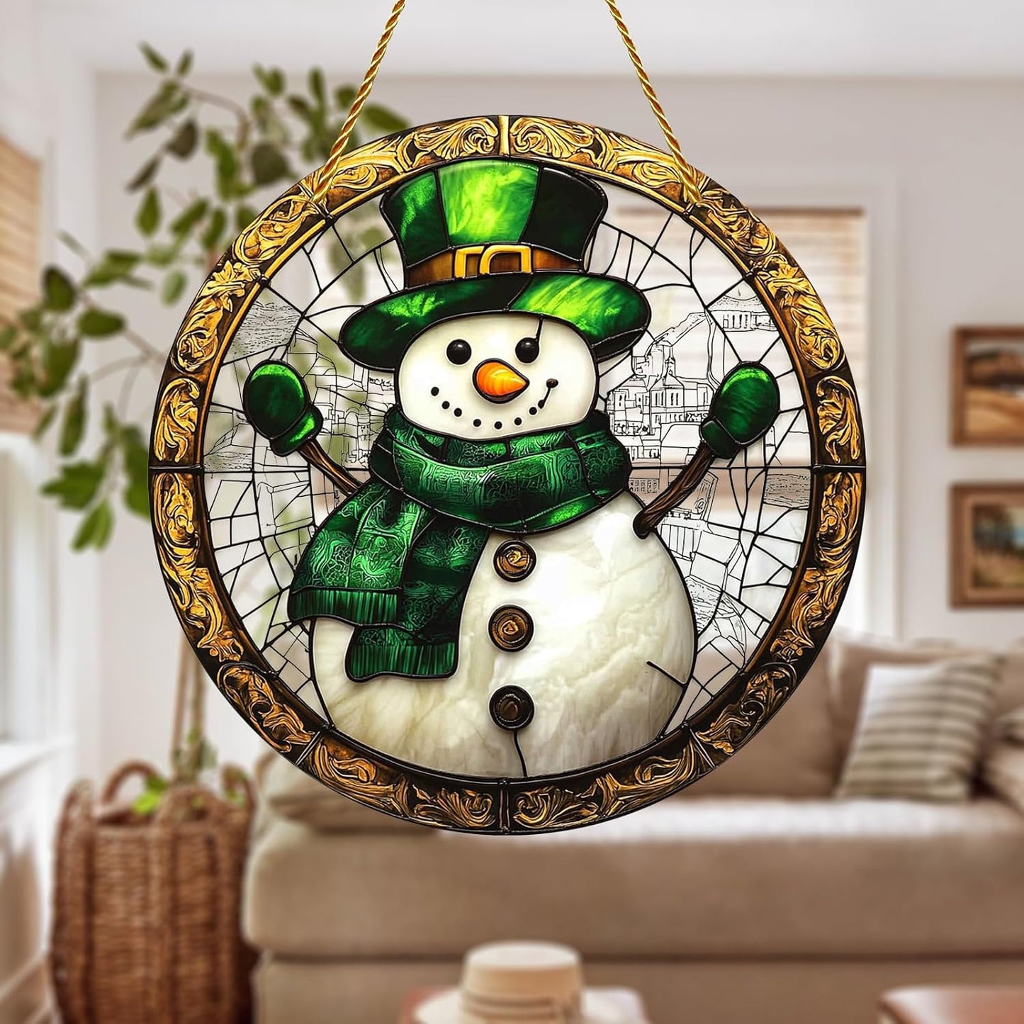8x8 inch Charming Chrismas Snowman Acrylic Stained Glass Window Hanging Sun Catcher Decor Stained Panel Hangings Wall Art Decor, for Friends and Family (Snowman)