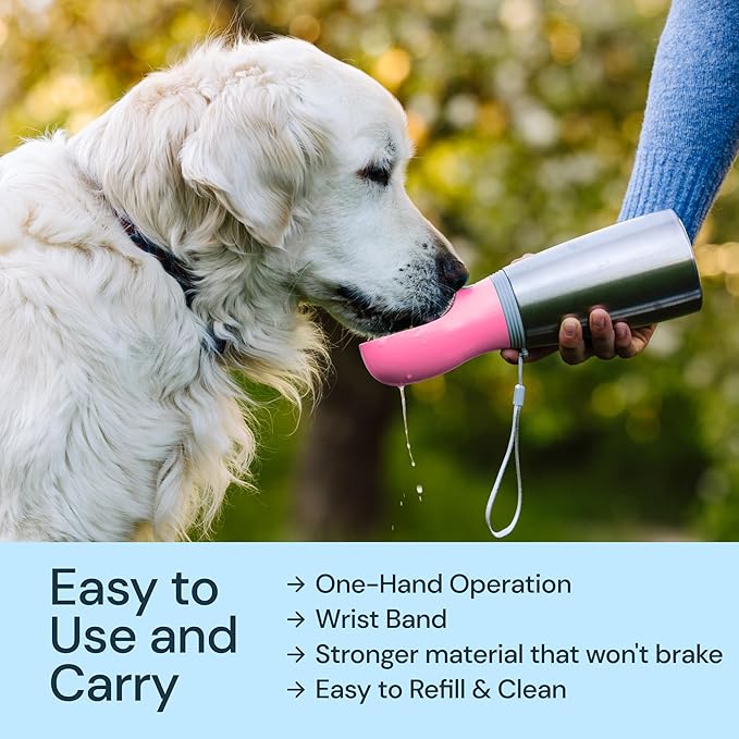 MalsiPree Insulated Dog Water Bottle - 24 Oz, Pink - Leak-Proof Stainless Steel Portable Travel Dispenser & Bowl