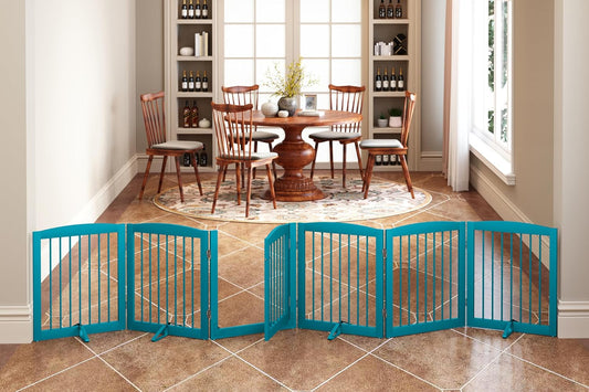 Freestanding Pet Gates with Walk Through Door, Dog Indoor Fence, Dog Gate for The House, Doorway, Stairs, Extra Wide Pet Gate, Support Feet Included, 120 Inch Wide, 6 Panels 24" Tall, Blue