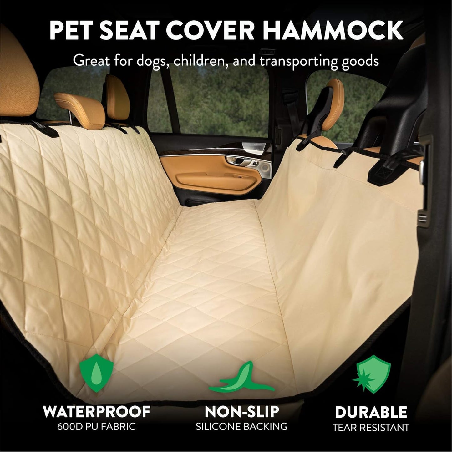 Plush Paws Products Premium Rear Car Seat Protector w/Hammock | Washable & Waterproof Back Seat Dog Cover for Car, Truck, & SUV | Nonslip, Tear Resistant Pet Seat Cover | Regular Tan