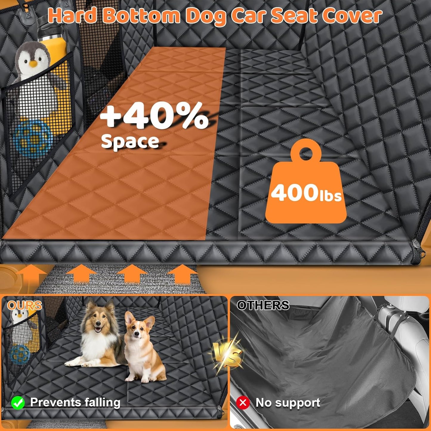 URPOWER Back Seat Extender for Dogs - Hard Bottom Dog Car Seat Cover with 1PC Leak-Proof Pee Pad, Foldable Dog Hammock for Car, SUV, and Truck, Pet Rear Seat Protector Dogs Travel Bed with Mesh Window