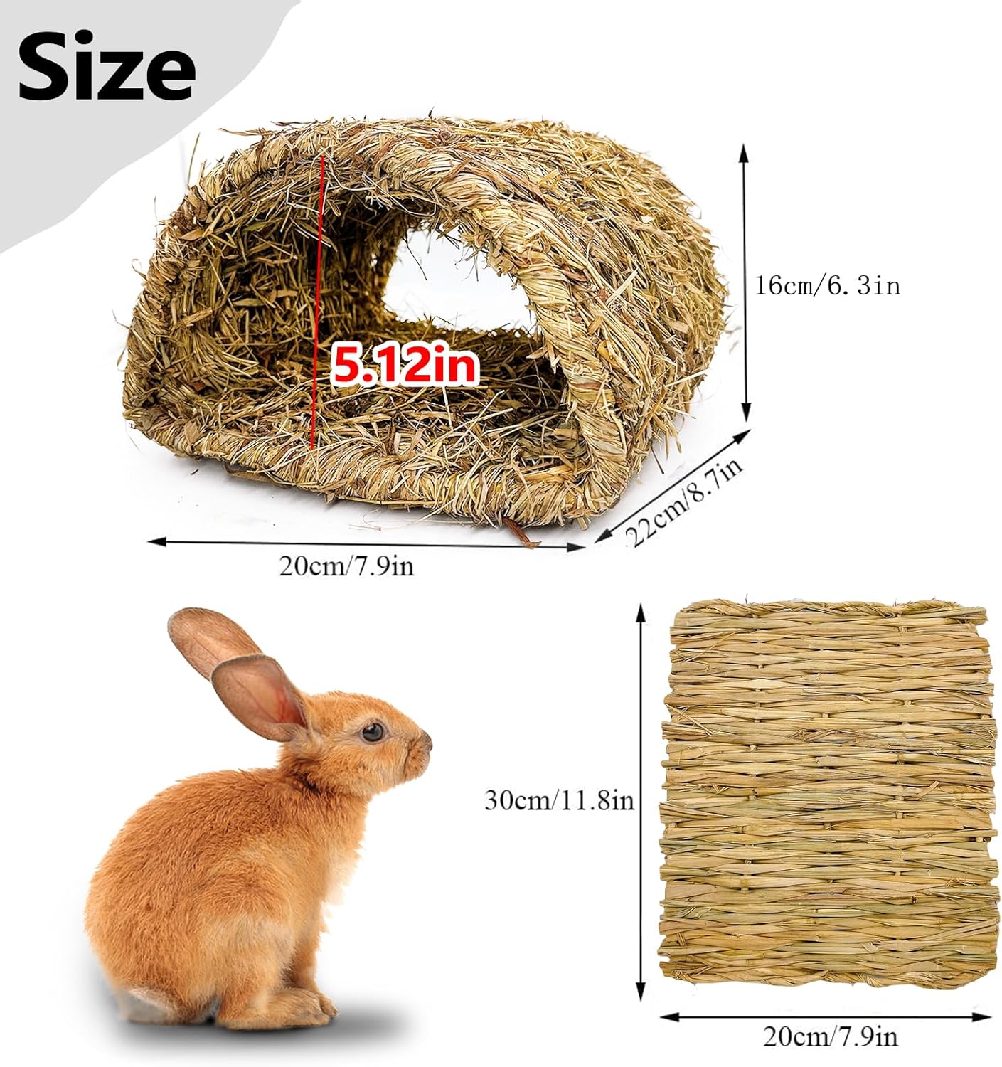 Hamiledyi Bunny Grass Tunnel,Rabbit Grass Bed,Natural Straw Woven Mat Winter Warm Hideaway Hut for Rabbit Gerbil Ferrets Guinea Pig Chinchilla (Small).