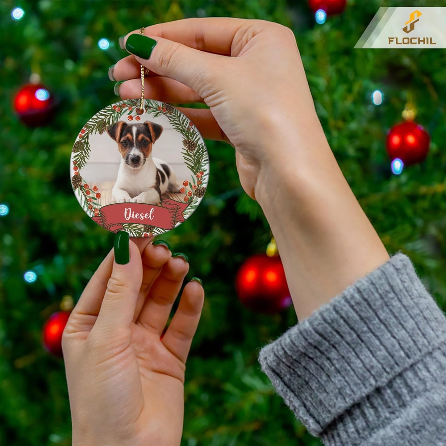 FLOCHIL Personalized Dog Christmas Ornaments, Custom Photo Name for Christmas Trees, Dog First Christmas Ornaments, Best Gifts for Pet Lovers