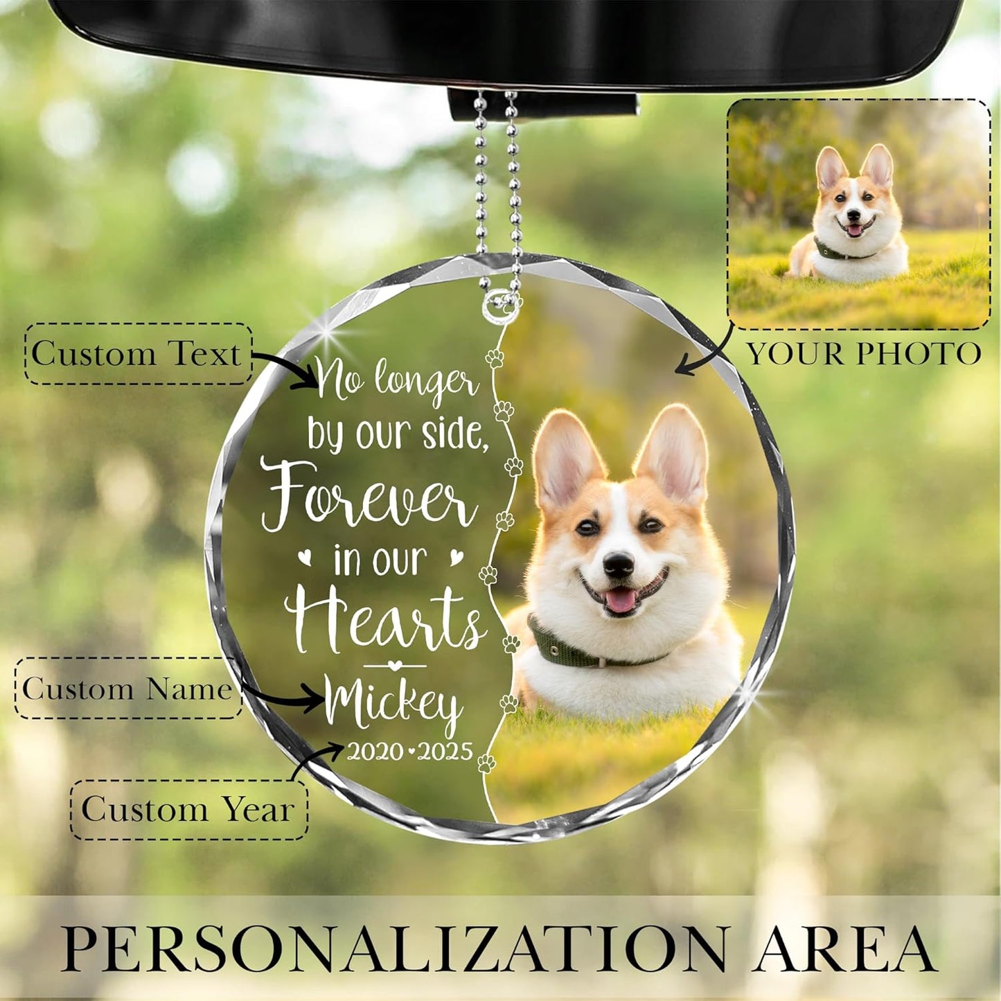 Personalized Memorial Pet Glass Car Ornament - Custom Photo, Name & Dates - Forever in Our Hearts Tribute Gift for Your Dogs- Gift for Dog Lovers (Memorial Pet Car Ornament)
