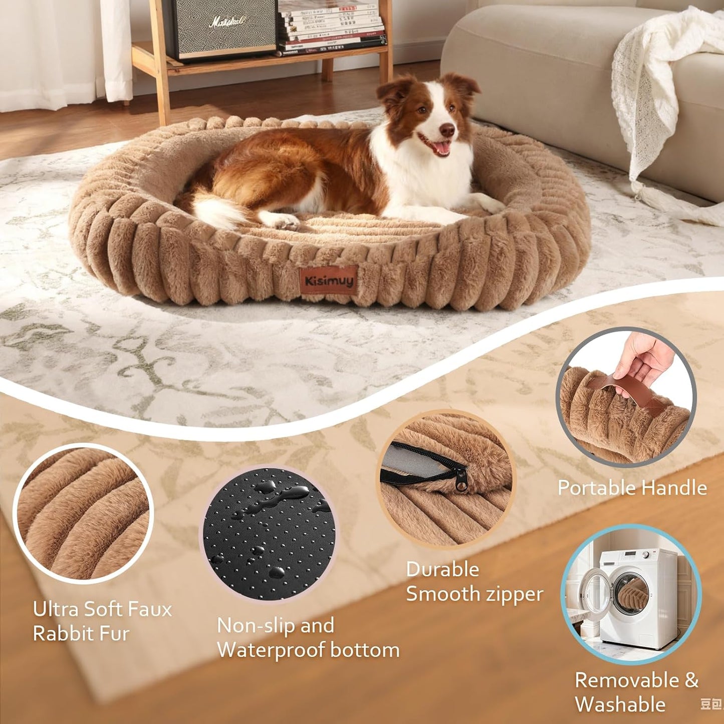 Cute Washable Dog Bed for Medium Large Dogs, Calming Furry Bolster Dog Bed, Durable Rectangle Anti-Anxiety Comfy Large Pet Bed, Removable Zipper Cover & Anti-Slip Bottom, 35x27x5inches, Brown