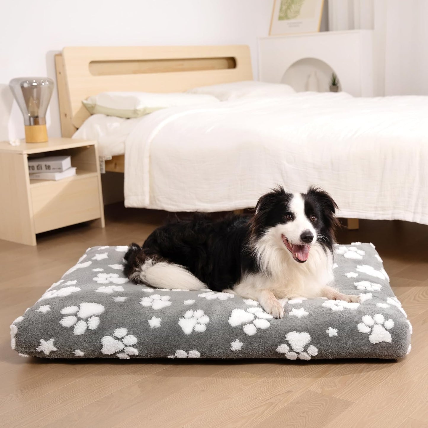 Dog Beds for Large Dogs, Cute Thick Dog Bed for Crate Kennel, Fluffy Pet Bed with Removable Washable Cover and Anti-Slip Bottom, 35"x 22", Grey Paw