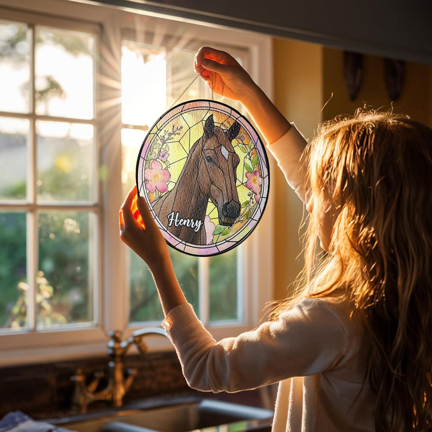 Lovely POD Personalized Horse Stained Glass Suncatcher with Photo, Custom Name Horse Ornament Window Hanging, Home Decor Gifts for Pet Day, Christmas, Memori, Sympathy Gift for Loss of Horse