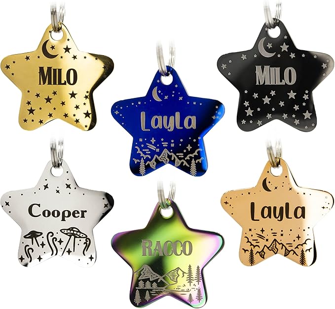 Personalized Dog Tag with 5 Lines of Custom Deep Engraved Durable Stainless Steel Pet ID Name Tag Designer Regular Size Star