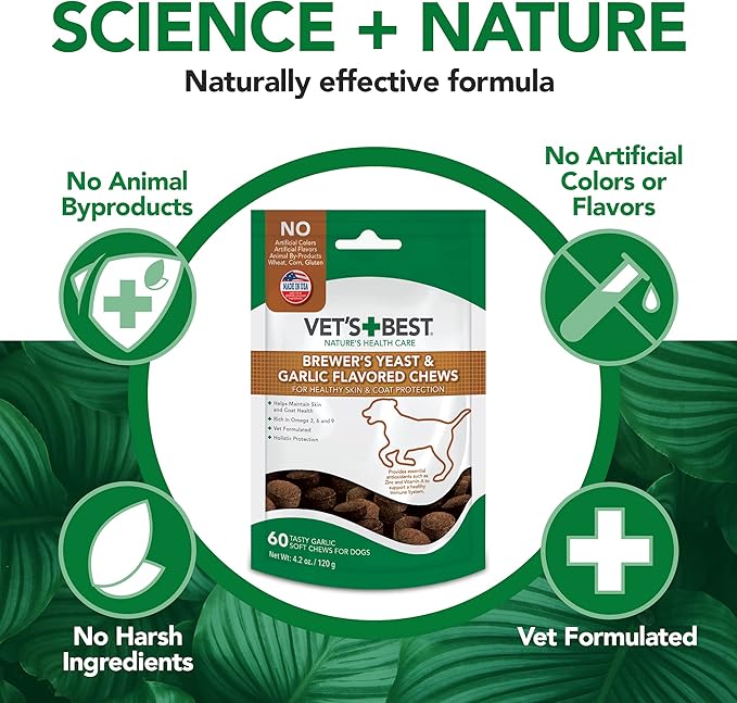 Vet's Best Brewer’s Yeast & Garlic Chews, Omega 3 for Dogs Healthy Skin & Coat Protection for Dogs, Dog Formulated with Veterinary Recommended Dosage, Garlic Supplements, 60 ct