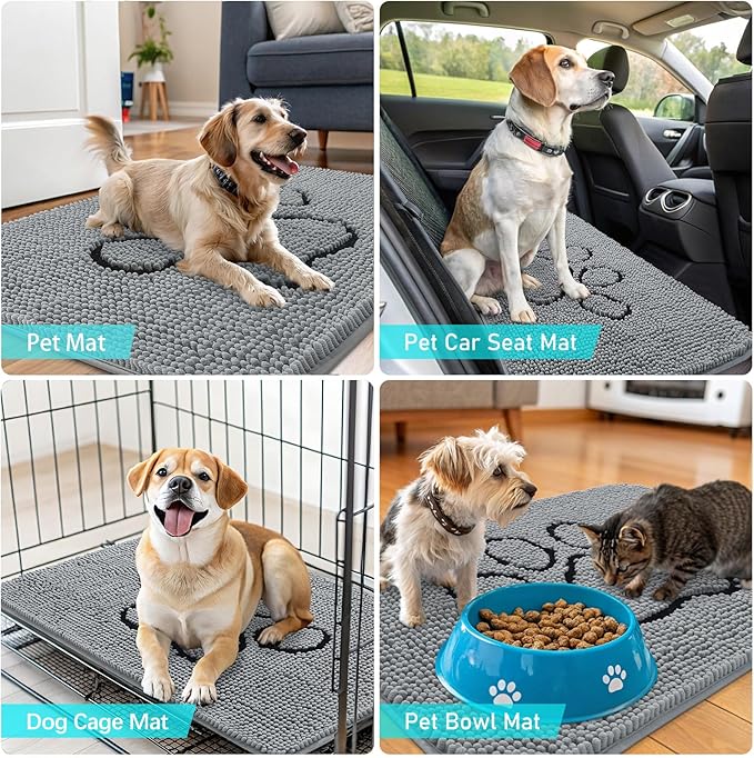 OLANLY Door Mat for Muddy Dog Paws 47x24, Ultra Absorbent Chenille Mud Doormat with Paw Print Design, Non-Slip Washable Doormat for Indoor Entryway, Quick-Dry Pet Bed Mats for Dirty Dogs, Grey