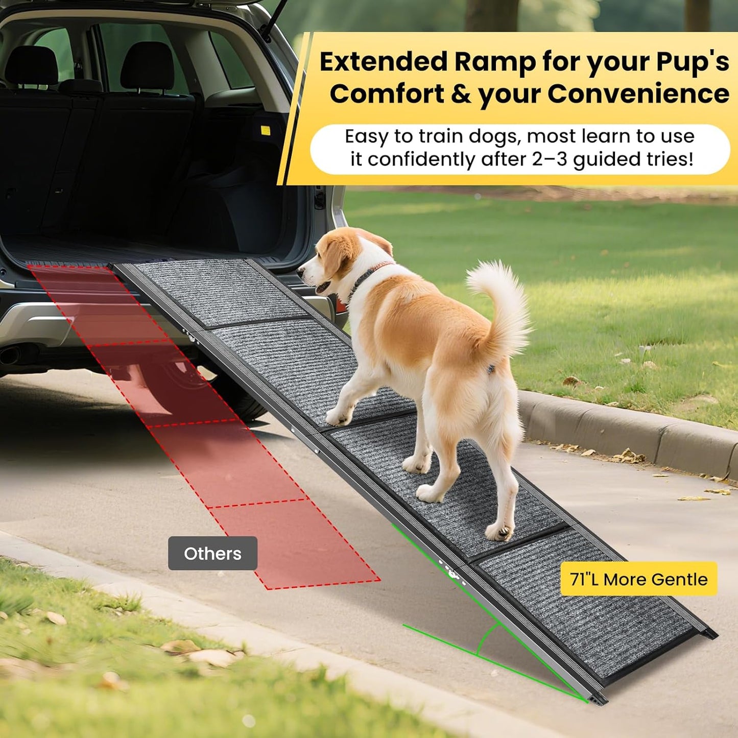 Dog Ramp for Car, 71''x 17.3'' Extra Long Dog Ramp for Truck with Non-Slip Rug Surface, Portable and Folding Dog Car Ramp for SUV & Car, Outdoor Pet Ramp for Large Dogs Up to 250 LBS