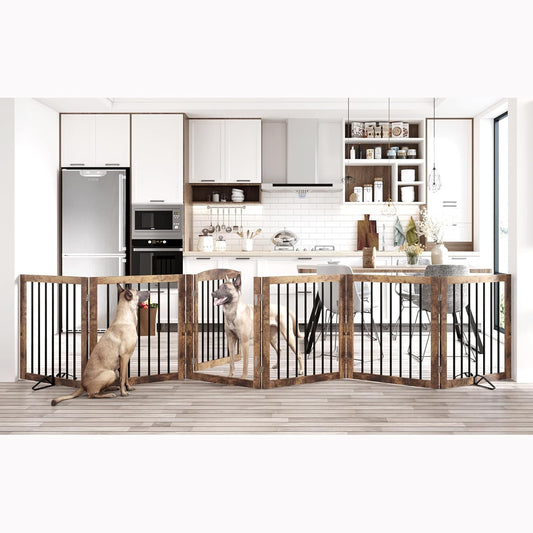 Vantas Folding Pet Gate 144" Wide, 30" Tall No-Assembly Wooden Dog Gate with Door Walk Through, Freestanding Pet Gate, Puppy Safety Fence, with 2PCS Support - Rustic Brown