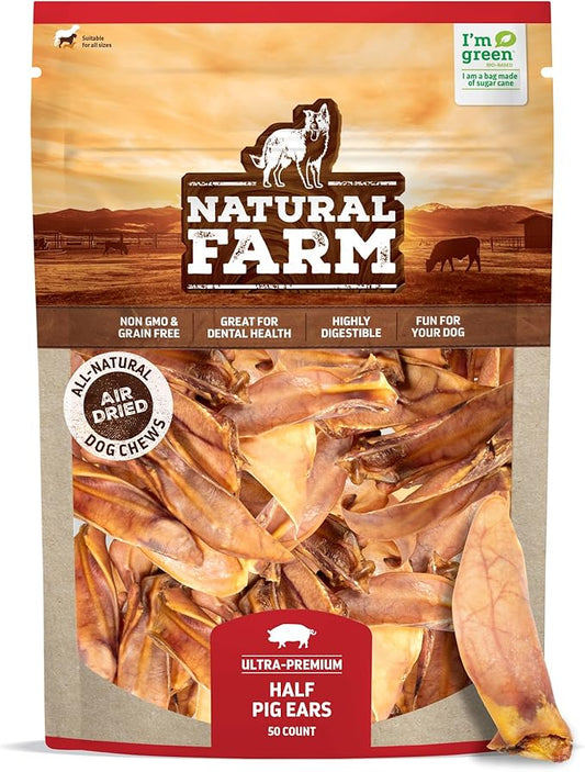 Natural Farm Half Pig Ears for Dogs (50-Pack), One Ingredient: Natural Pigs Ears, Air Dried, Long-Lasting & Highly Digestible Treats, Great for Puppy and Large/Medium Dogs