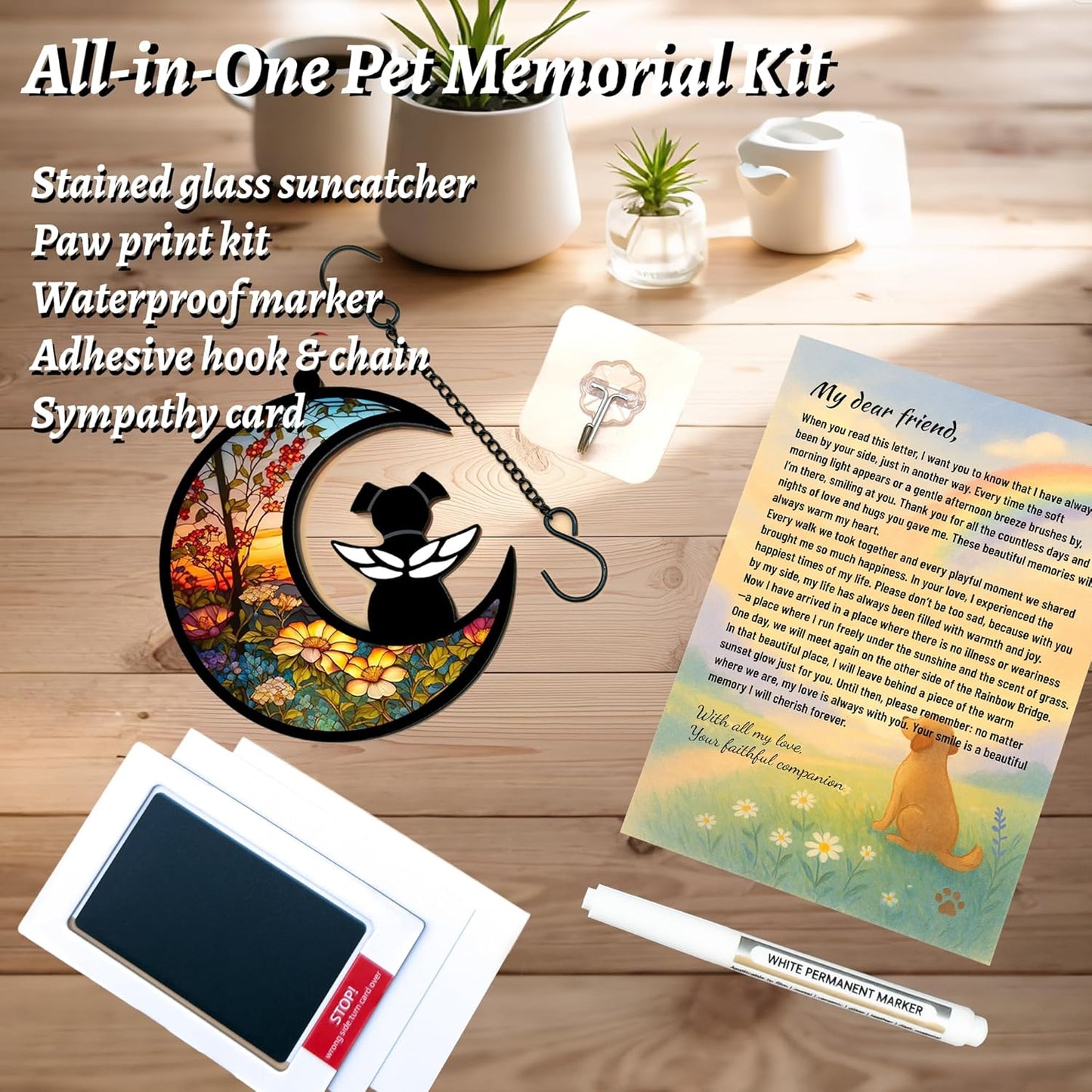 Dog Memorial Gift for Loss of Dog – DIY Angel Memorial Suncatcher & Paw Print Kit for Dogs with Sympathy Card | Pet Memorial Keepsake(Floral Memory Field)