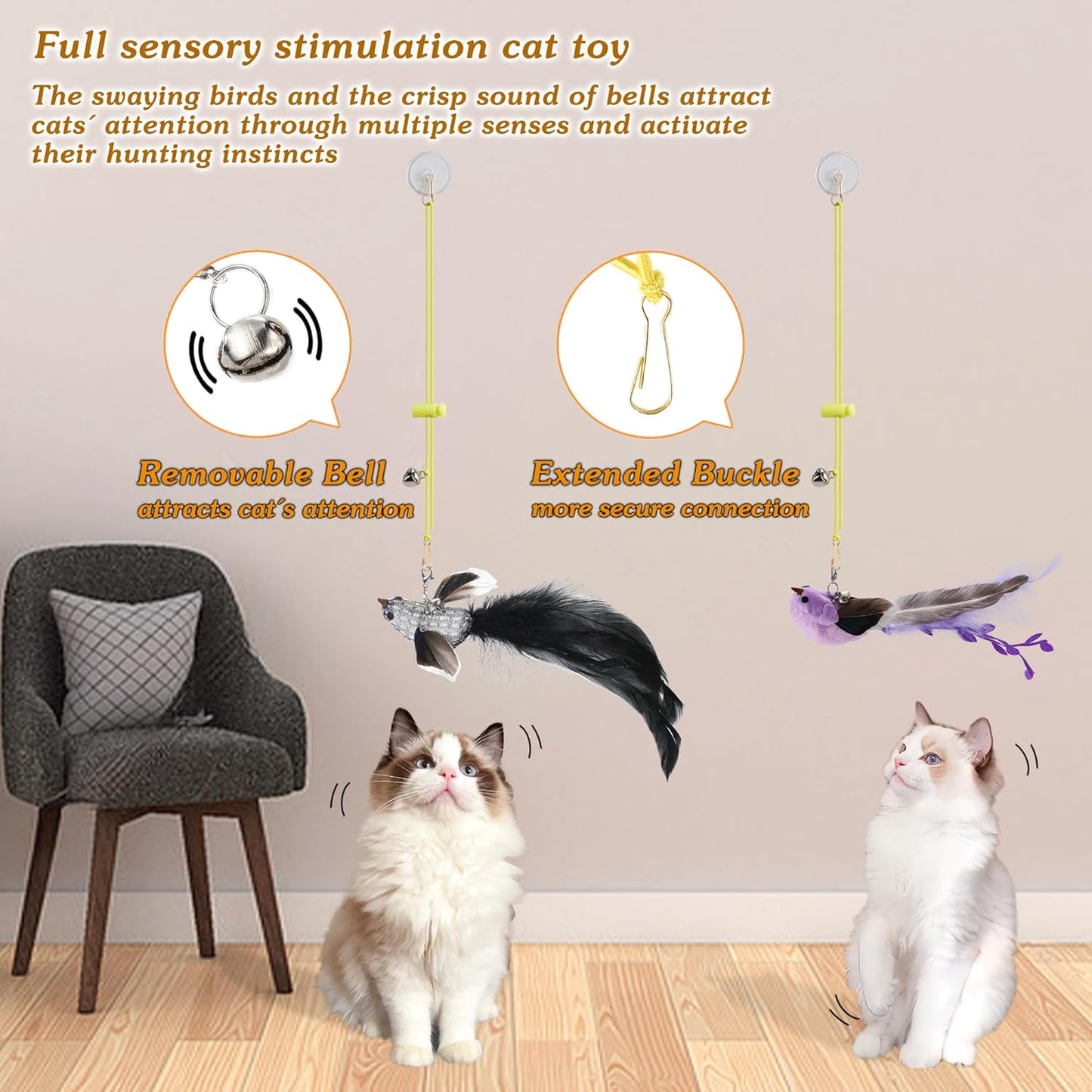 Flying Bird Cat Toy,8Pcs Durable Interactive Cats Wand Replacements,Hanging Cat Toy Suitable for Bored Indoor Cats Self Play