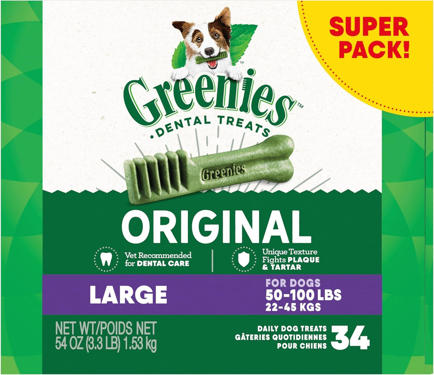 Greenies Original Large Dental Dog Treats, 54 oz. Pack (34 Treats)