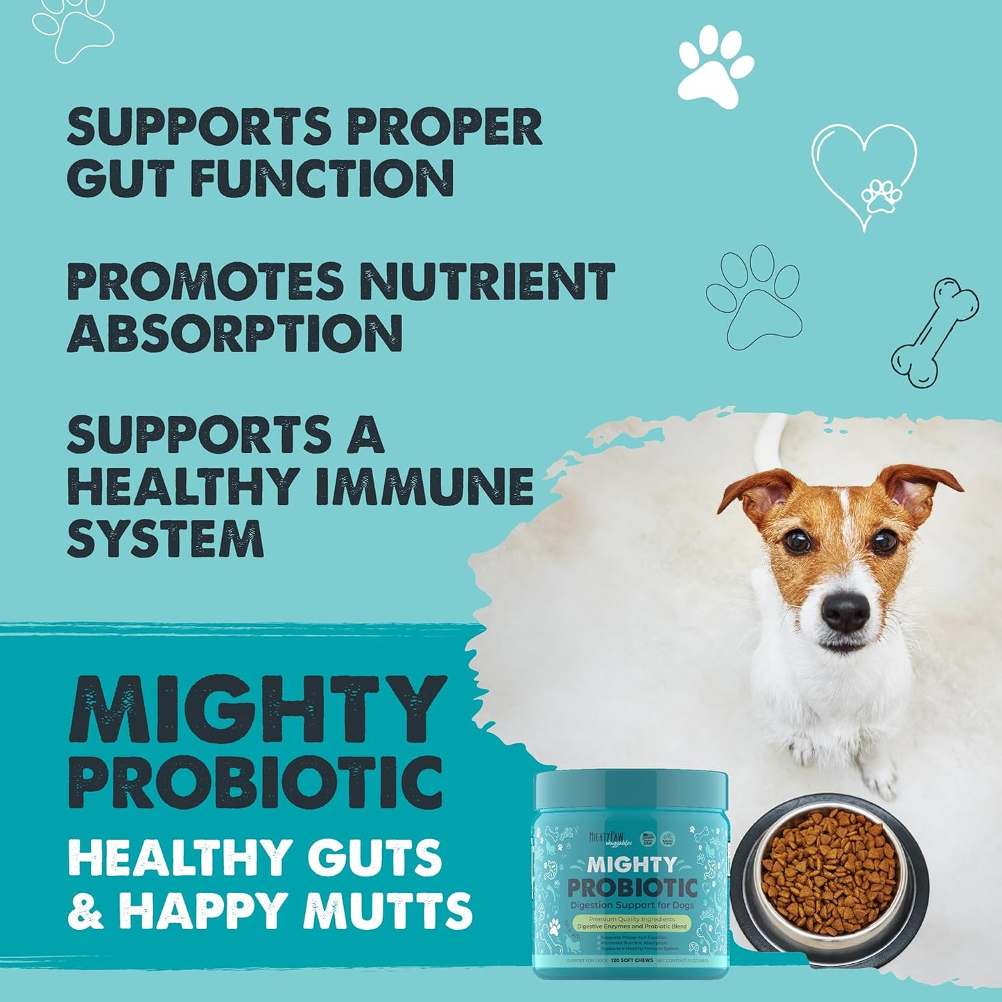 Mighty Paw Waggables Probiotic Chews for Dogs (Made in USA) | Dog Probiotics & Digestive Enzymes. Bacon Flavor Probiotic for Dogs Digestive Health. Prebiotics, Probiotics for Dog Gut Health (120 Ct)
